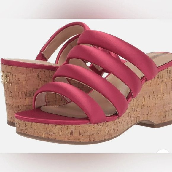 Sam Edelman Womens Fuchsia Satin Strappy Open Toe Cork Wedge Sandals Sz 8 M NIB - Picture 2 of 9